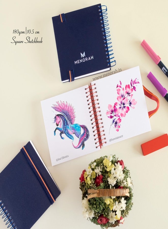 MENORAH مينورا - دفتر رسم فني - مربع - 180 غرام/م² - الحجم (10.5 × 10.5 سم) عبوة من 2 - دفتر رسم صغير الحجم للسفر - 100 صفحة/50 ورقة - غلاف معدني حلزوني متين - كتاب فني (أزرق داكن) - Image 3